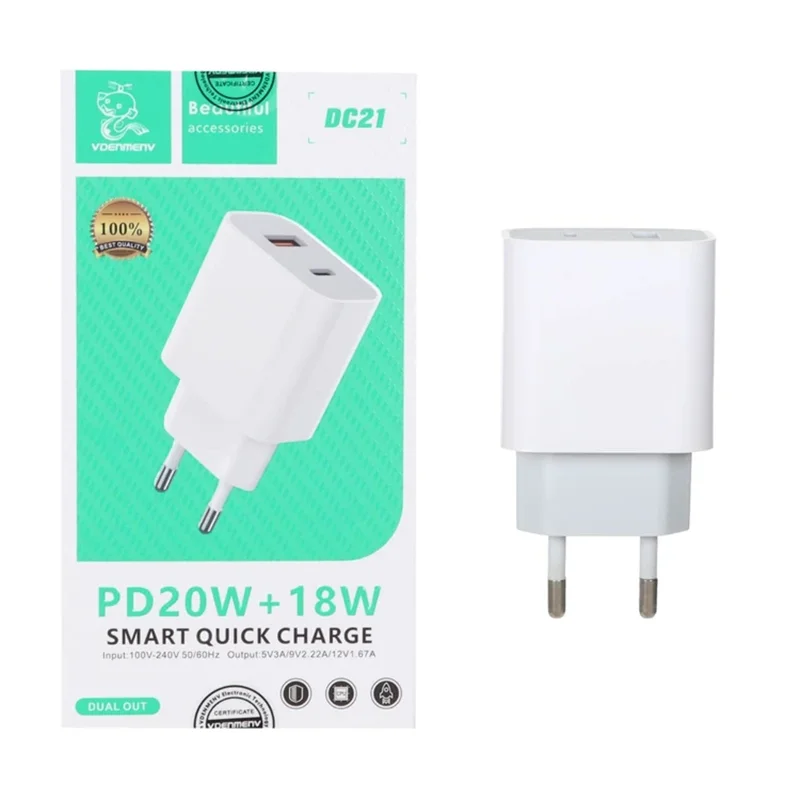 شارژر دیواری 20W فست و PD دو پورت Denmen مدل DC21 - سفید